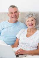 Senior couple with laptop in bed