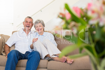 Happy senior couple relaxing on sofa