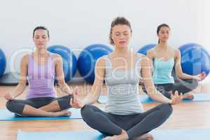 Women in meditation pose with eyes closed at fitness studio