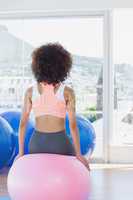 Rear view of a fit woman sitting on fitness ball at gym