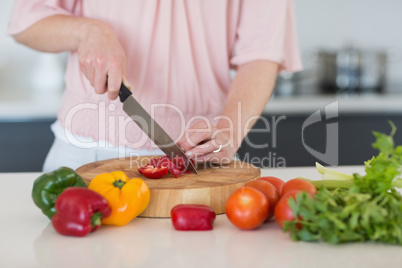 Mid section of woman chopping vegetables