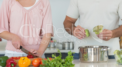 Midsection of couple preparing food together