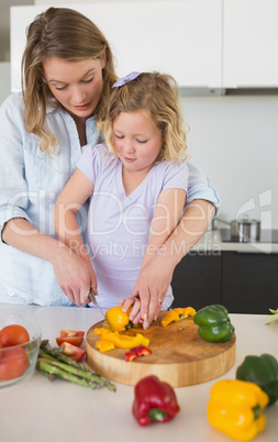 Mother assisting girl in chopping capsicum