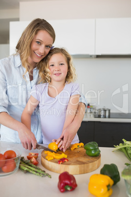 Mother assisting daughter in chopping capsicum