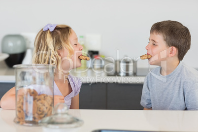 Siblings with cookies in mouth at kitchen counter
