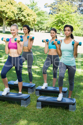 Sporty women doing step aerobics with dumbbells