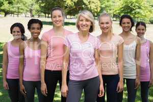 Volunteers supporting breast cancer awareness in park