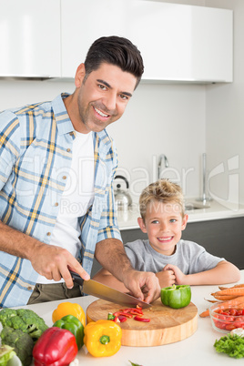 Happy father teaching his son how to chop vegetables