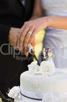 Mid section of a newlywed cutting wedding cake