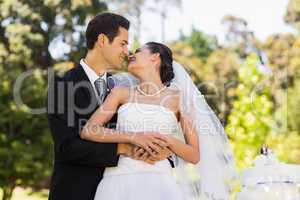 Newlywed about to kiss besides wedding cake at park