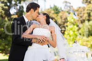 Newlywed kissing besides wedding cake at park