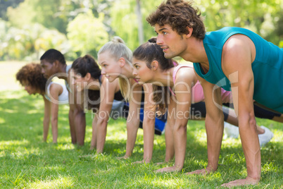 Group of fitness people doing push ups in park