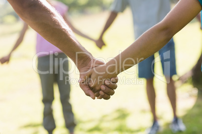 Mid section of friends holding hands in park