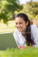 Smiling woman using laptop in park