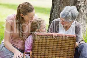 Grandmother mother and daughter with picnic basket at park
