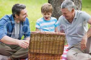 Grandfather father and son with picnic basket at park