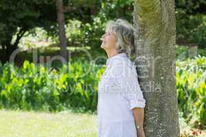 Mature woman leaning against tree trunk in park