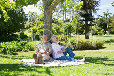 Smiling mature couple sitting against tree at park