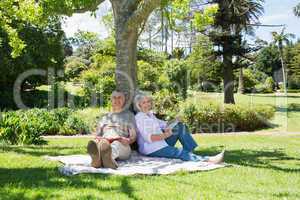 Smiling mature couple sitting against tree at park