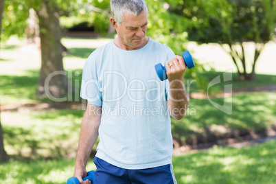 Mature man with dumbbells at park