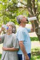 Mature couple drinking water at park