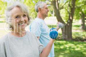 Mature couple using dumbbells at park