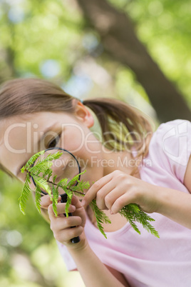 Girl examining leaves with magnifying glass at park