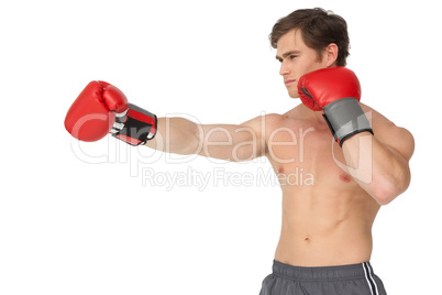 Muscly man wearing red boxing gloves and punching