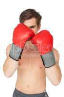 Muscly man wearing red boxing gloves in guard position