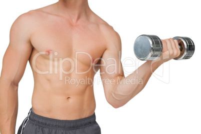 Fit shirtless man lifting dumbbell