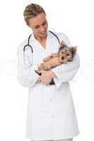 Happy vet holding yorkshire terrier puppy