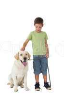 Cute little boy standing with his labrador dog