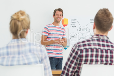 Smiling designer presenting ideas to colleagues
