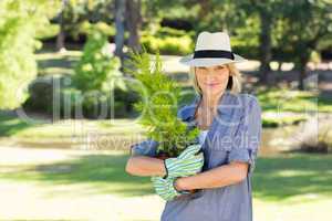Woman holding pot plant in garden