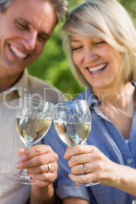 Cheerful couple toasting wine glasses