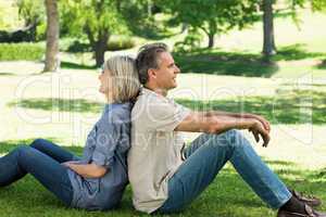 Couple sitting back to back in park