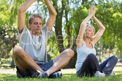 Couple meditating in park