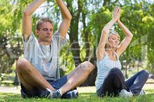 Couple meditating in park