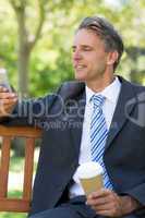 Businessman using cellphone at park