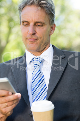 Businessman reading text message at park