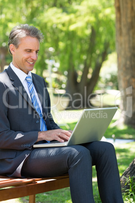 Businessman using laptop at park