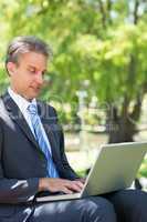 Businessman using laptop in park