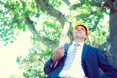 Smiling architect holding blueprint