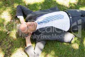 Businessman lying on grass