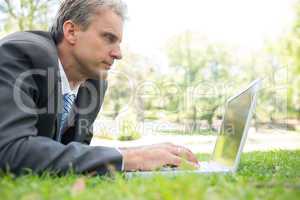 Businessman surfing on laptop in park