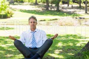 businessman meditating in park