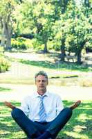 Businessman meditating on grass