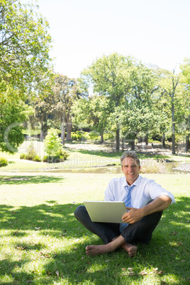 Businessman with laptop sitting in park