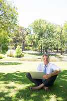 Businessman with laptop sitting in park