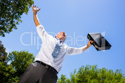 Successful busienssman carrying briefcase against sky